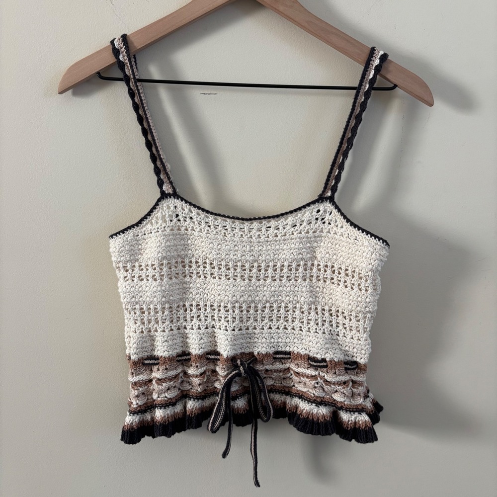 American Eagle Crochet Cami Top Cream Brown Black Knit Ruffle Boho Medium